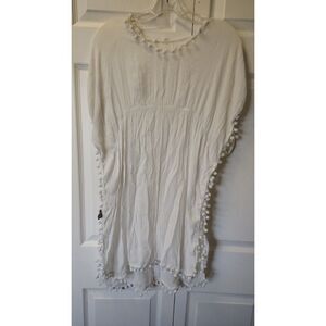 Skue White Pom Pom Trim Crinkle Kaftan Swimwear Cover Up - Size Medium (US 6)